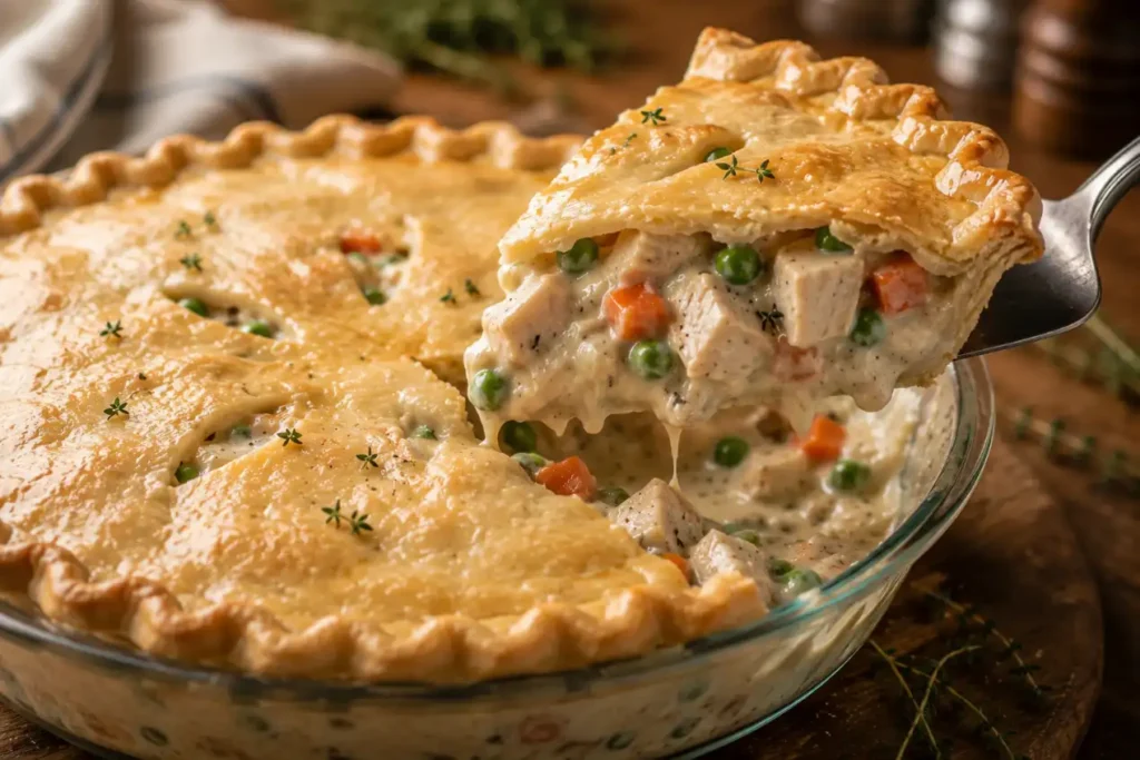 slice of easy chicken pot pie recipe with creamy filling