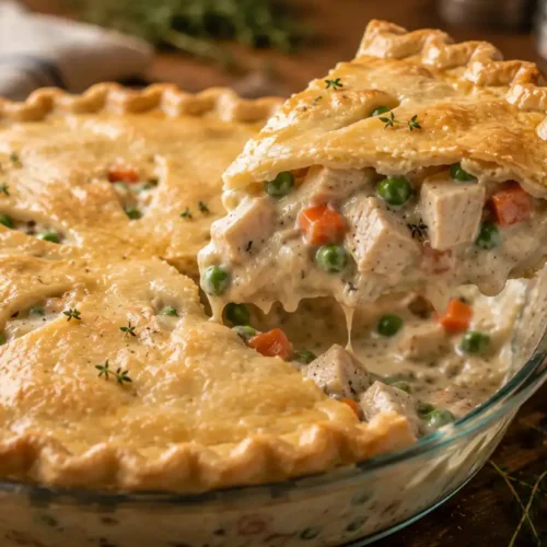slice of easy chicken pot pie recipe with creamy filling