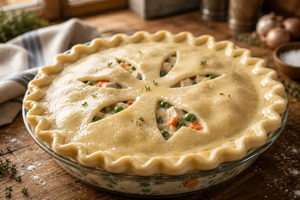 assembling chicken pot pie recipe with pie crust