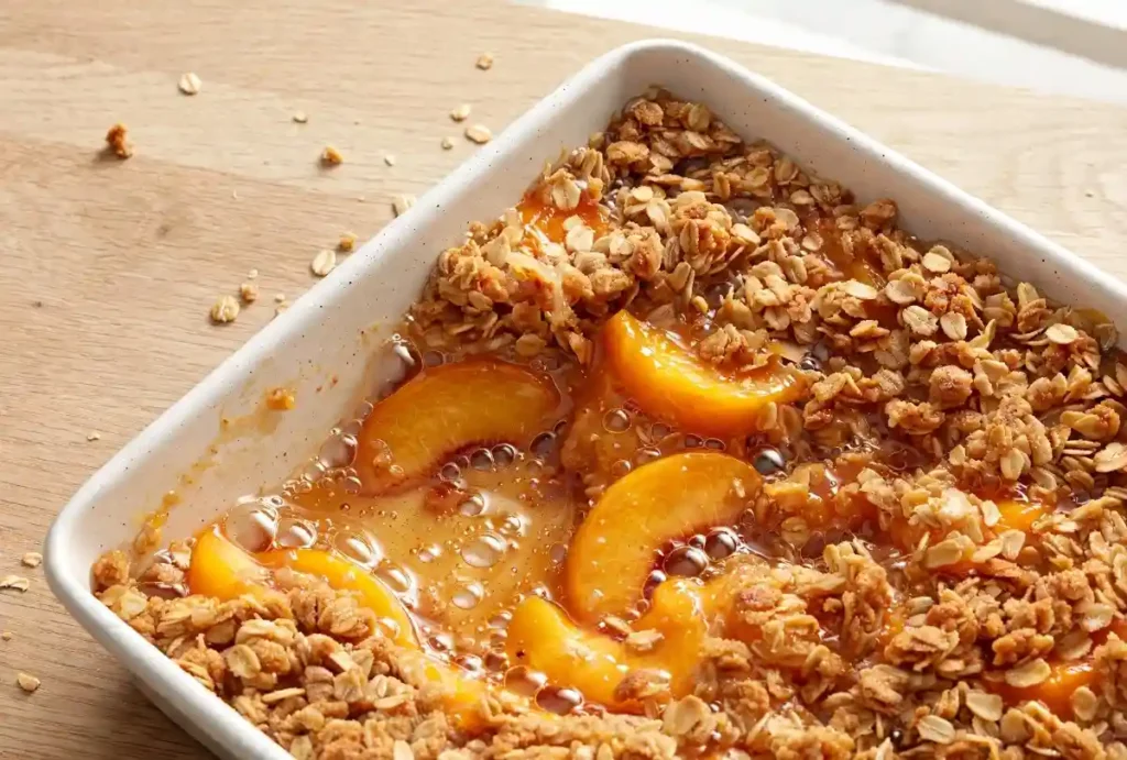 The best peach crisp recipe served warm with a scoop of vanilla ice cream