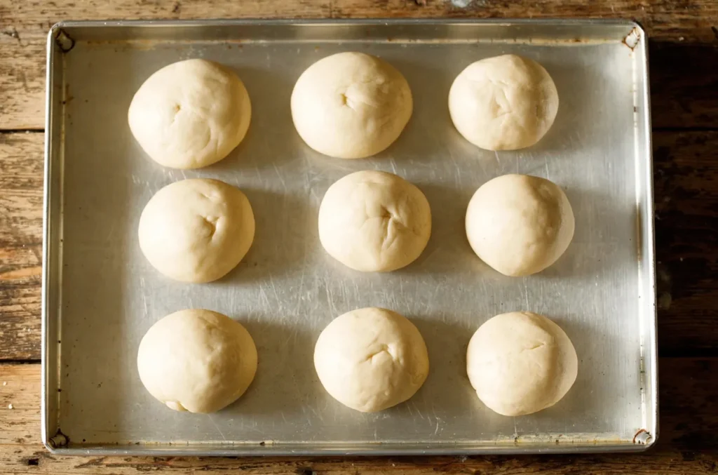 Portioned garlic naan dough balls resting on a tray