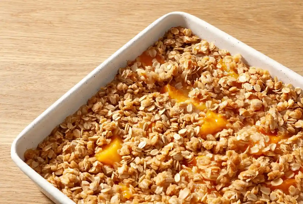 Peach crisp recipe with fresh peaches in a baking dish fresh from the oven