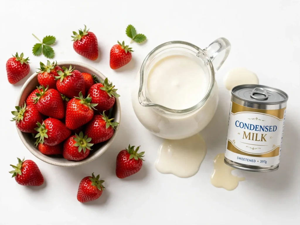 strawberry_cream_condensed_milk » Tavolart Fresh strawberries, cream, and condensed milk laid out as ingredients