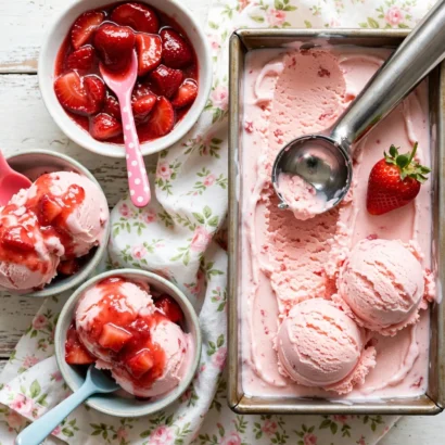 Homemade strawberry ice cream in a loaf tin, sliced and ready to serve