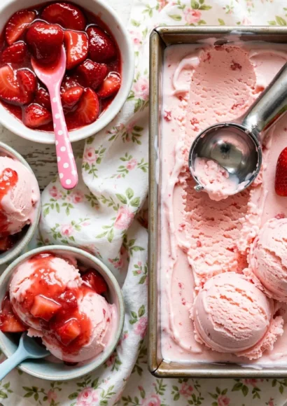 Homemade strawberry ice cream in a loaf tin, sliced and ready to serve
