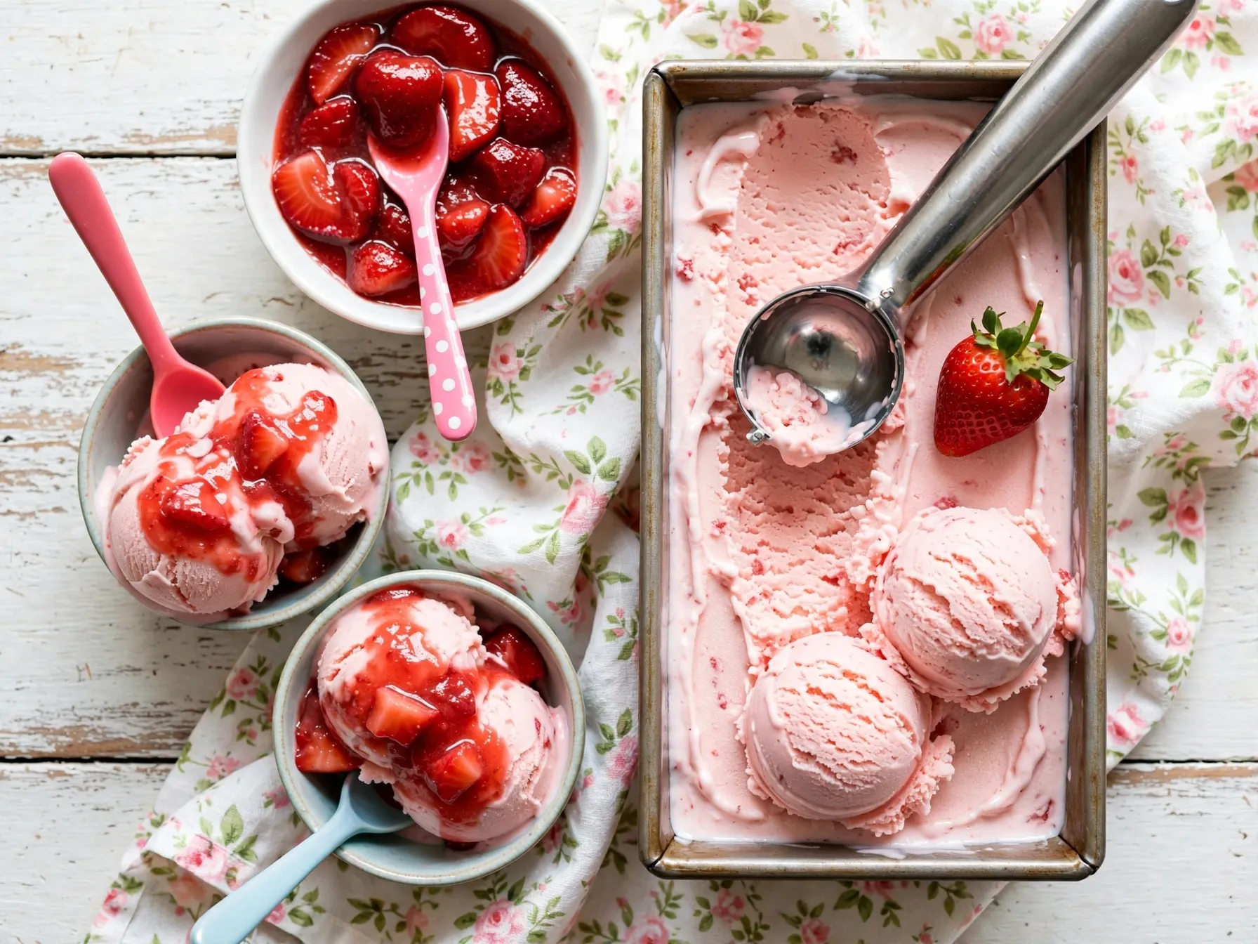 Homemade strawberry ice cream in a loaf tin, sliced and ready to serve